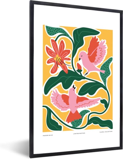 FrameYourWall® - Fotolijst met poster 40x60 - Vogels - Bloem - Bladeren - Bohemian - Fotokader van hout - Kaders en lijsten - Houten fotolijstje - Wissellijst voor muurposter - Picture en photo frame - Posterlijst - Fotohouder