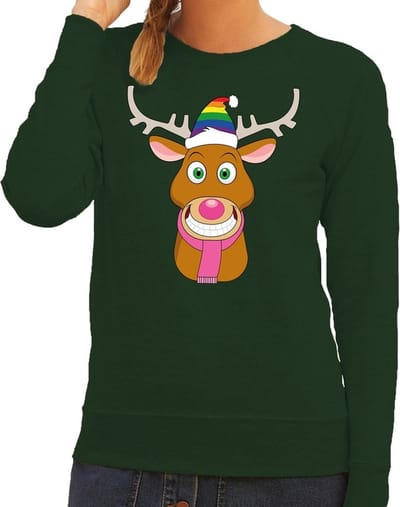 Foute kersttrui / sweater - Gay Ruldolf met regenboog muts - en roze sjaal - groen - voor dames - Kersttruien XS
