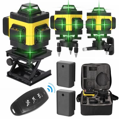 4D 16-Lijn Laserwaterpas Set – Groene Laser – Zelfnivellerend ±3° – 360° Horizontale & Verticale Lijnen – Met 2 Oplaadbare Accu’s – Wandhouder – Hefplatform – 1/4"-5/8" Adapter
