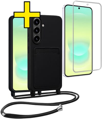 Hoesje Geschikt voor Samsung A37 Hoesje Met Koord Met Screenprotector Siliconen Case - Hoes Geschikt voor Samsung Galaxy A37 Backcover Met Afneembaar Koord - Zwart