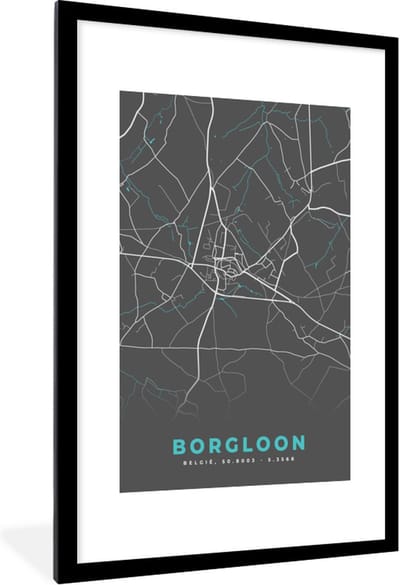 Fotolijst incl. Poster - België – Borgloon – Stadskaart – Kaart – Blauw – Plattegrond - 80x120 cm - Posterlijst