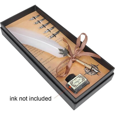 Retro Metalen Pennenkoker Roestvrijstalen Penpunten Dip Schrijven Veerpen met Verpakdoos(Wit) beige
