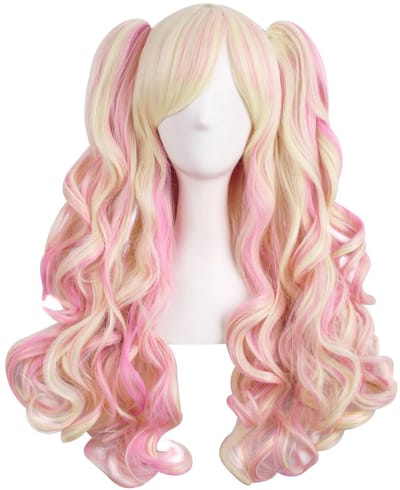 Daity Een veelkleurige Lolita-stijl pruik met lange krullen en clipsluiting voor cosplay (roze/goud)