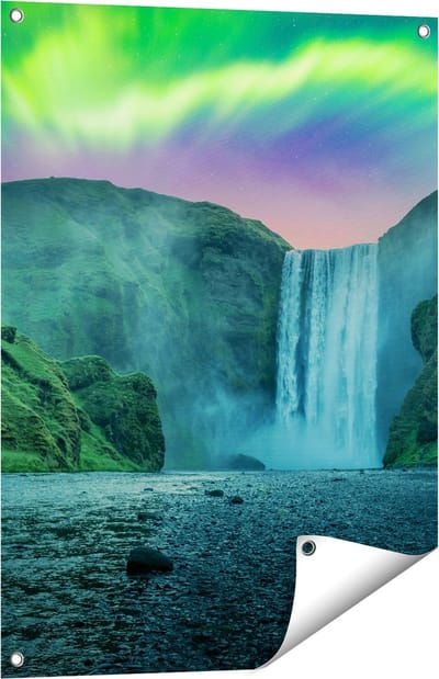 Gards Tuinposter Waterval met het Groene Noorderlicht - 60x80 cm - Tuindoek - Tuindecoratie - Wanddecoratie buiten - Tuinschilderij