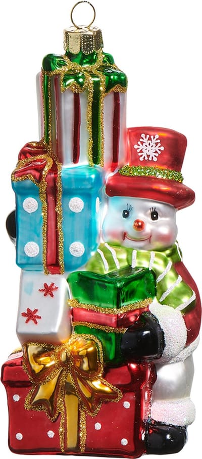 Viv! Christmas Kerstornament - Sneeuwpop met Cadeaus - glas - rood - 14cm