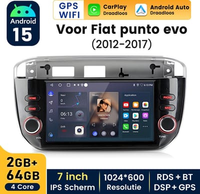 HexinexMarket Quad-Core 7" Autoradio Geschikt voor Fiat PUNTO EVO (2012-2017) - Draadloos CarPlay, Android Auto, GPS NAVI, RDS, multimediaspeler, 2GB+64GB