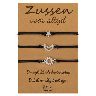 Vriendschapsarmbandjes voor 3 "Zussen voor altijd" - Zon / Maan / Ster - Sisters Armbandjes met Cadeau Kaartje - Zilverkleurig - Elastisch Verstelbaar - Pax Amare