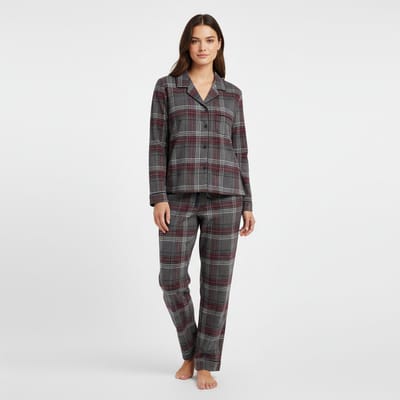 La V Flanel pyjamaset voor dames met geruit patroon Grijs-bordeaux rood S