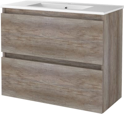Basic Start 39 badmeubelset met greeploze wastafelonderkast met 2 lades en porseleinen wastafel met 1 kraangat 80 x 39 cm, scotch oak