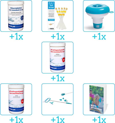Zwembad Onderhoudspakket - Onderhoud Zwembad - bevat Chloor - Testrips - Chloordrijver - PH-min - PH-plus - Schoonmaakset en Zwembadgids (7-delig)