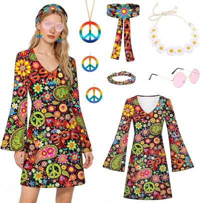 7-delige Hippie Kostuum Set voor Vrouwen met Accessoires, Perfect voor Carnaval, Halloween en Themafeesten