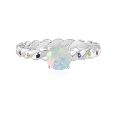 Cavill - Zilveren ring met platina laag - 925 Sterling Zilver - Welo-opaal 0,433 ct rond - 8 Saffieren 0,077 ct - Ronde Edelsteen Ring Ethiopië