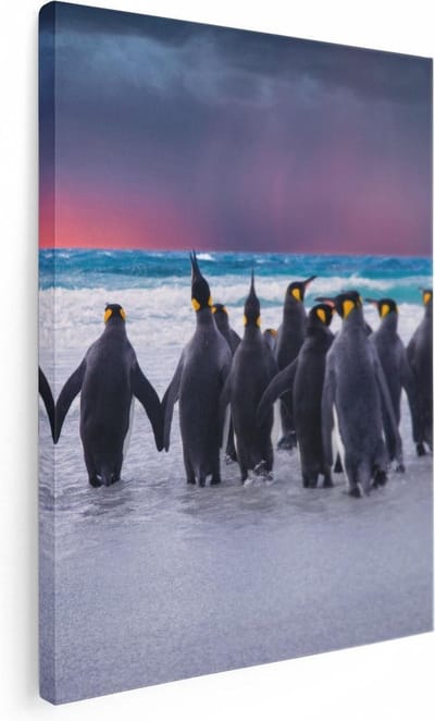 Artaza Canvas Schilderij Dieren - 30x40 cm - Klein - Wanddecoratie Zee - Muurdecoratie Pinguïns Strand - Kamer Accessoires