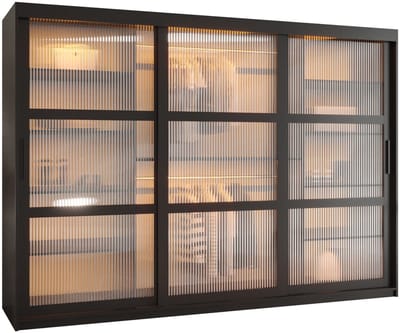 Zweefdeurkast Kledingkast met 3 schuifdeuren glanzen slaapkamerkast Kledingstang met planken Garderobekast met geribbeld glas - ARTON (250 cm, Zwart)