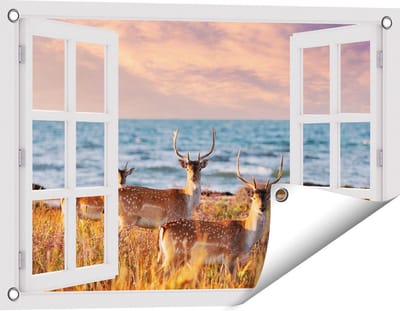 Gards Tuinposter Doorkijk Drie Herten aan de Zee tijdens Zonsondergang - 60x40 cm - Tuindoek - Tuindecoratie - Wanddecoratie buiten - Tuinschilderij