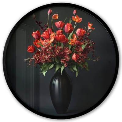Poster in lijst Rond - Fotolijst 40x40 cm - Posters - Boeket - Tulpen - Vaas - Rood - Ronde posterlijst zwart - Decoratie - Wanddecoratie woonkamer - Muurdecoratie slaapkamer