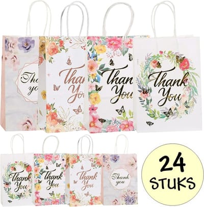 24x Papieren Uitdeeltasjes Thank You Bloemen - 15x8x21cm - Stevig Papier - Traktatie Zakjes - Papieren Tasjes - Cadeau Zakjes - Uitdeelzakjes - 4 Verschillende Motieven - Kraftpapier - 24 Stuks