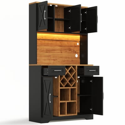 Hoge keukenkast met LED verlichting - met wijnrek en stopcontact - schuurdeur design - voor woonkamer en eetkamer - 180x105x40 cm naturel zwart