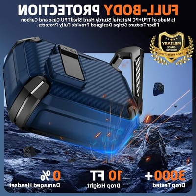 AirPods Pro 3 Hoes met Telefoonstandaard, Carbonfiber Design, Auto Lock Functie, Inclusief Reinigingskit en Sleutelhanger, Blauw