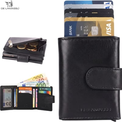 DE LAMASSU® (Roman) RFID Portemonnee met Pop-Up Kaarthouder – Echt Leer & Aluminium – Compact & Veilig – Unisex – Luxe Geschenkverpakking