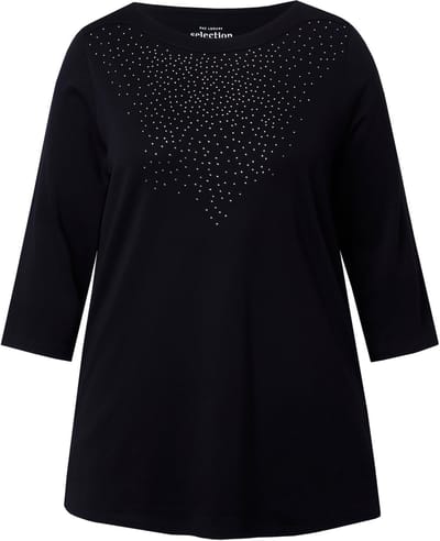Ulla Popken - Dames - Shirt siersteentjes boothals 3/4-mouwen pima-katoen - Zwart - Maat 42+