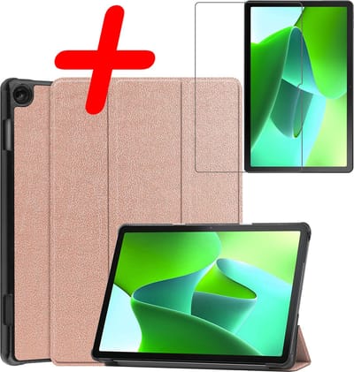 Hoesje Geschikt voor Lenovo Tab M10 (3e / 3rd generatie) - Met Screenprotector - Trifold Bookcase - Hard Cover - Hardcover Book Case - Tablet Hoes - Rosé goud