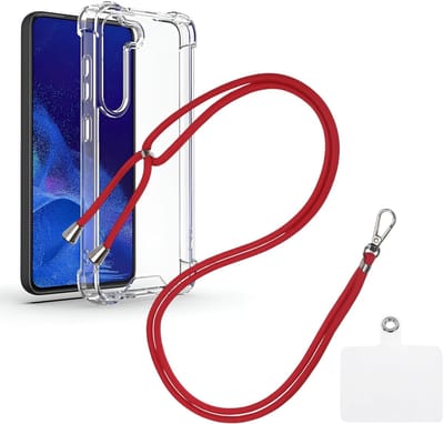 Shock Proof Case Hoes Geschikt voor Samsung Galaxy A35 Hoesje Transparant Met universele Telefoonkoord rood - Cover - Nek Hanger - Koord Hoes
