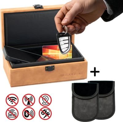 Garzini Faraday Box Large + 2 Faraday Bags – RFID Beschermhoes Autosleutel - Keyless Entry Antidiefstal Box – Sleutelhoesje - Bruin