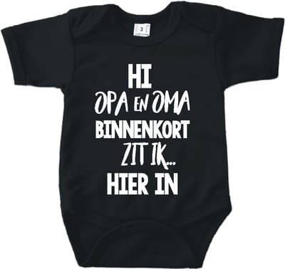 Baby romper met tekst zwangerschap aankondiging | Hi Opa en Oma binnenkort zit ik hierin | Zwart | korte mouw | maat 56 cadeautje zwangerschap aankondiging bekendmaking | Cadeautje 100% katoen.