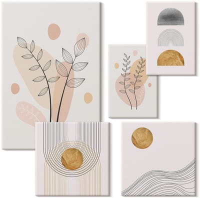Wallfluent Set van canvas schilderijen - Stijlvolle decoraties in een minimalistisch design met planten Canvas Schilderijen Set - Set van 5 Canvas Schilderijen - Romig Set van Canvas Prints - Abstractie Canvas Kunst Set - Boheemse Canvas Kunst Set