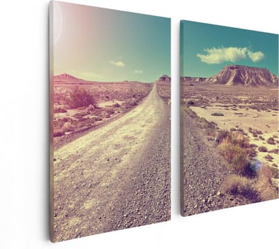 Artaza Canvas Schilderij Tweeluik Pad In Het Woestijn Landschap Met De Zon - 80x60 - Foto Op Canvas - Canvas Print