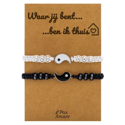 Vriendschapsarmbandjes voor 2 "Waar jij bent ben ik thuis" - Yin Yang - BFF Armbandjes met Cadeau Kaartje - Zwart & Wit - Elastisch Verstelbaar - Pax Amare