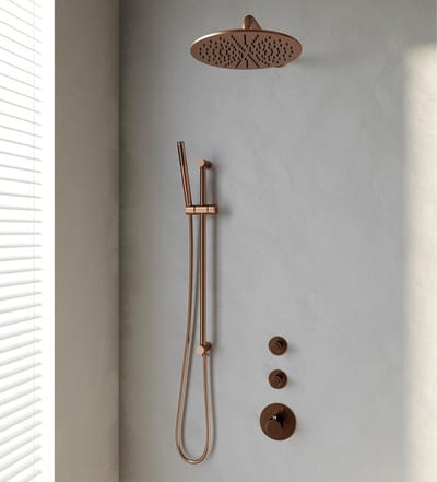 Brauer Copper Edition thermostatische inbouw regendouche SET 16 met 30 cm douchekop en gebogen muurarm en staaf handdouche en doucheslang en geïntegreerde glijstang koper geborsteld PVD