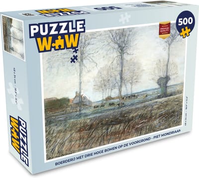 Puzzel Boerderij met drie hoge bomen op de voorgrond - Piet Mondriaan - Legpuzzel - Puzzel 500 stukjes