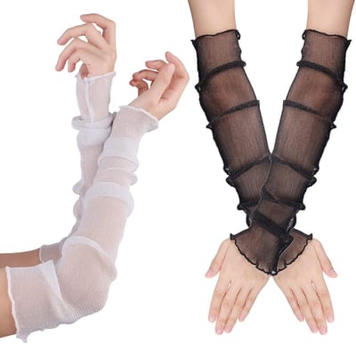 MTTproducts- Arm Mouwen 2 Paar - Vingerloos - Ultradun - Ademend Gaas - UV-Bescherming - Zwarte/Witte Kleur - Zonnebescherming