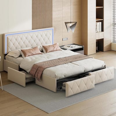 Tweepersoonsbed Gewatteerd - Gestoffeerd Bed - Opbergen Slaapkamer - Ingebouwde LED Verlichting - 140x200 cm - Wit