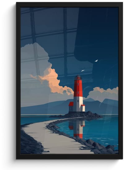 Poster in lijst - Fotolijst 40x60 cm - Posters - Vuurtoren - Zee - Wolken - Posterlijst zwart - Decoratie - Wanddecoratie woonkamer - Muurdecoratie slaapkamer