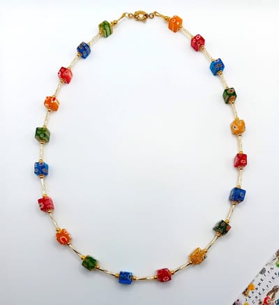 Jeannette-Creatief® - Millefiori - Millefiori Ketting Blok - Ketting - Collier - Ketting met Millefiori Kralen - Gouden Bugle Glaskralen Staafjes -