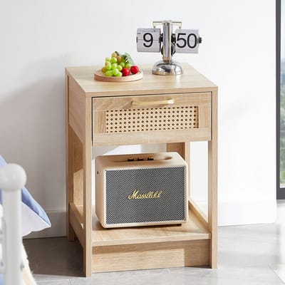 Pugsdrly Rieten bijzettafel met lade, moderne nachtkastje, bijzettafel voor woonkamer, slaapkamer, naturel houtlook-H55/B40/T40 cm