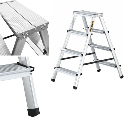 Huishoudladder Aluminium - Dubbelzijdige ladder - Huishoudelijke taken - Veilig werkplatform - 4 treden - Zilver