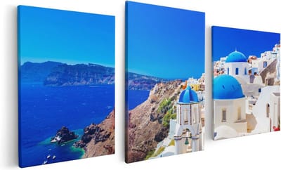 Artaza Canvas Schilderij Drieluik Blauwe Huizen met Koepels in Griekenland - 120x60 - Foto Op Canvas - Canvas Print