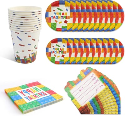 ByShane - Bouwstenen feestservies verjaardagsset voor kinderverjaardag (60 stuks) Met bouwstenen borden, bekers, servetten en uitnodigingskaarten (10 gasten)