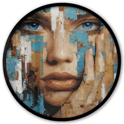 Poster in lijst Rond - Fotolijst 40x40 cm - Posters - Abstract - Penseelstreken - Blauw - Gezicht - Ronde posterlijst zwart - Decoratie - Wanddecoratie woonkamer - Muurdecoratie slaapkamer