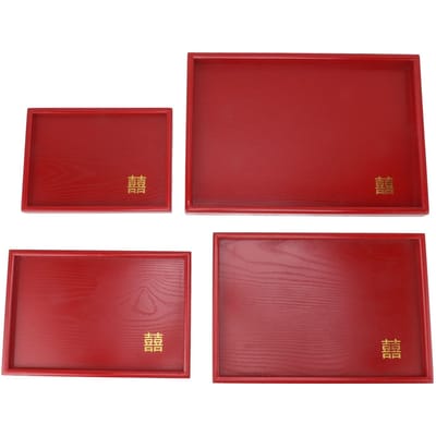 Lot de 4 plateaux de service de style chinois, assiettes rouges pour thé, café, collations, fruits, bonbons, carrés