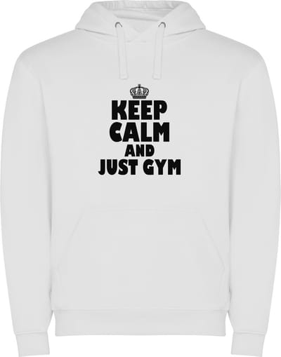 Witte unisex hoodie met “ Kleurrijke Keep Calm and just Gym – Blijf Kalm en sport – Sport – Humor – Zet Door – Niet opgeven “ Print Full Color Color merk Roly maat S