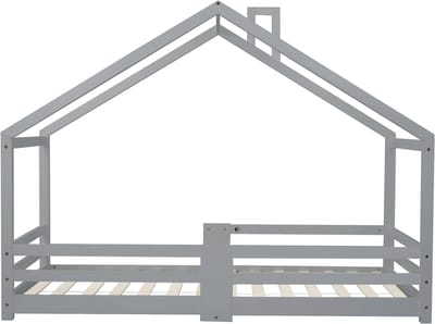 Kinderbedje met schoorsteen, valbeveiliging, stevig lattenframe, grenenhouten constructie, 90 x 200 cm (matras niet inbegrepen), grijs.
