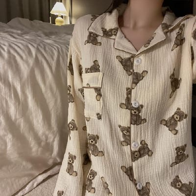 Lente Nieuw Dames Pyjama Set Beer Kers Bedrukt Crêpe Katoen Gaas Omgeslagen Kraag Lange Mouw Broek Huiskleding XXL beige