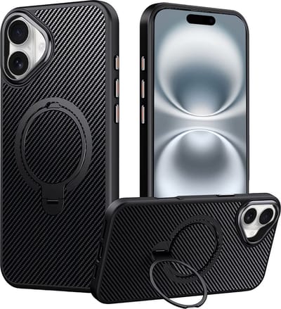 Hoesje Geschikt voor iPhone 16 Plus Arara hoesje met MagSafe-ondersteuning en carbon design – 360° draaibare magnetische standaard – Backcover met kickstand-ring – Zwart