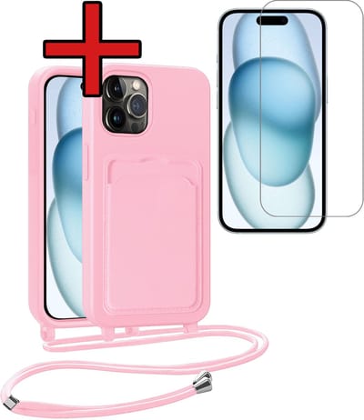 Hoesje Geschikt voor iPhone 14 Pro Hoesje Met Telefoonkoord en Pasjeshouder Met Screenprotector Siliconen - Hoes Geschikt voor iPhone 14 Pro Hoesje Met Kaarthouder Case - Lichtroze