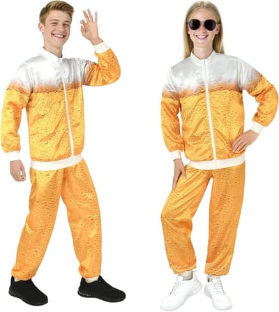 Retro Beer Kostuum Tracksuit voor Themafeesten, Halloween en Oktoberfest - Unisex Joggingpak met 80s en 90s Stijl, Slechte Smaak Outfit met Bierprint